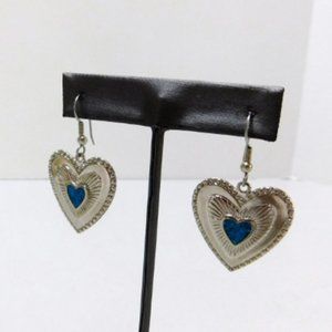 Triple Heart, Fish Hook Earrings, Silvertone, Faux Turquoise Center, Christmas